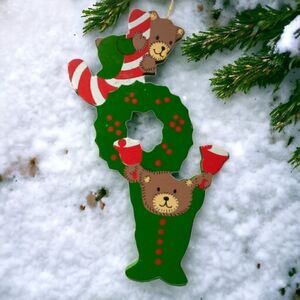 Vtg Wood Cut Out Christmas Ornament JOY Bears Wreath Handpainted Handmade Winter